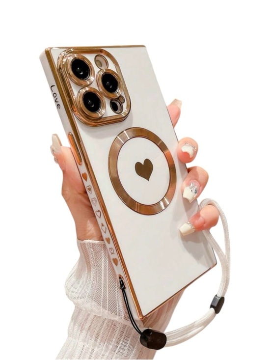 Other - Luxury Case for iPhone 16 Pro White/Gold Square Design with MagSafe and strap